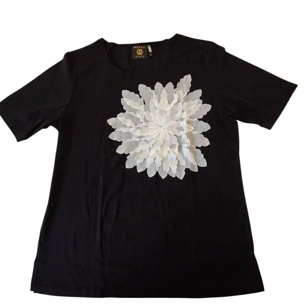 Vecceli Italy Womens Black White 3D Floral Applique Crewneck T-Shirt Medium